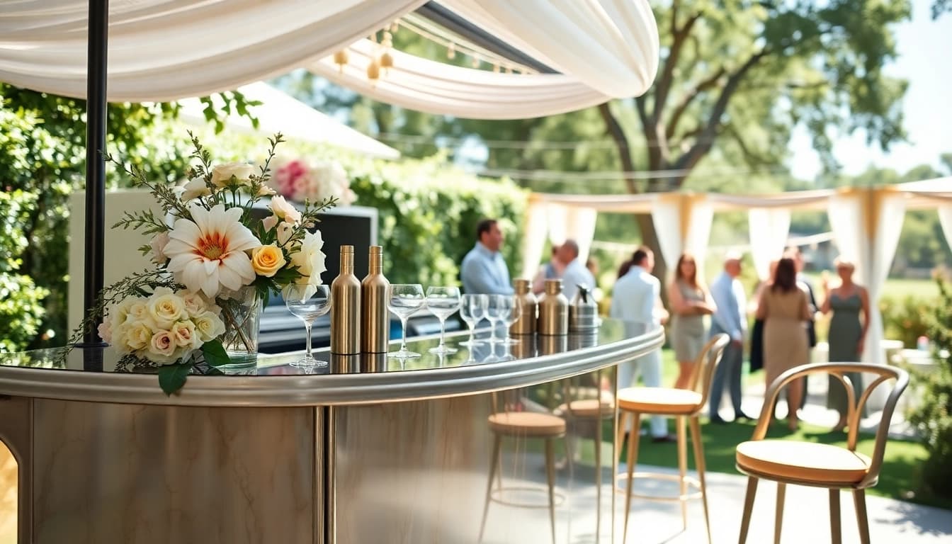 Engaging mobile bar service at a wedding, showcasing a luxurious setup in a vibrant garden setting.