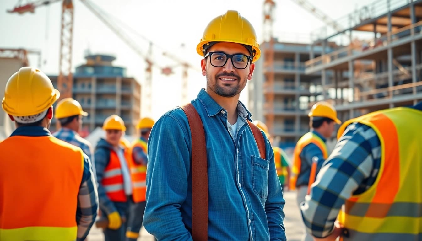 New York General Contractor managing a busy construction site with workers and cranes.