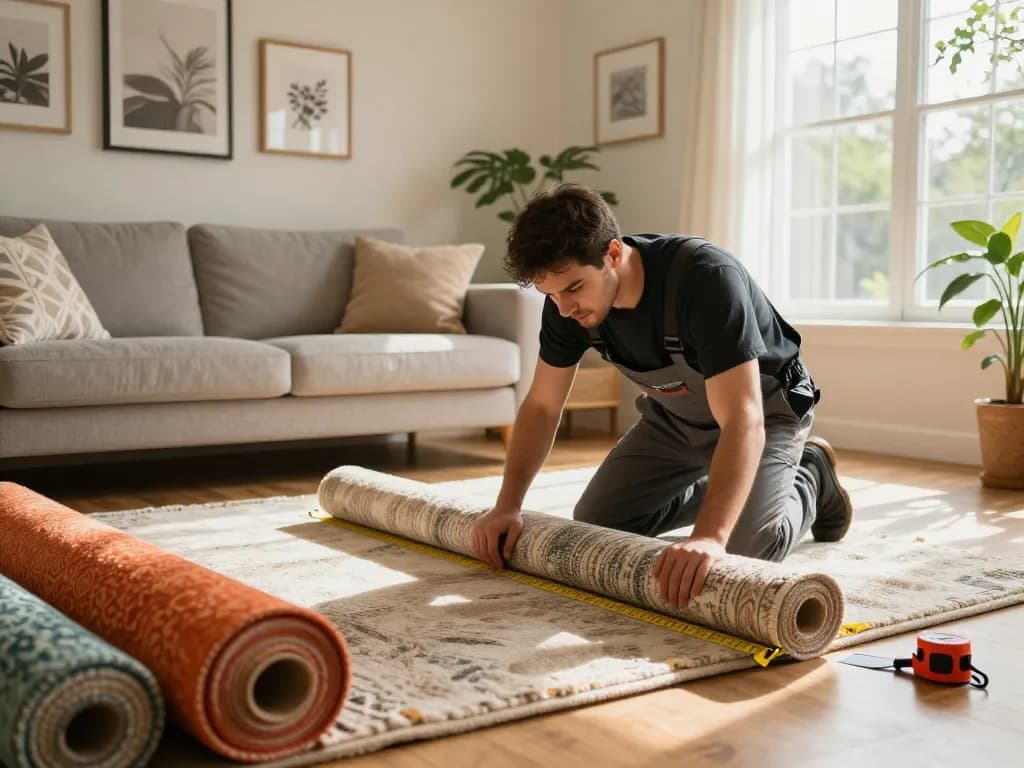 Home carpet fitting services with a professional installer measuring and cutting vibrant carpet in a cozy living room.