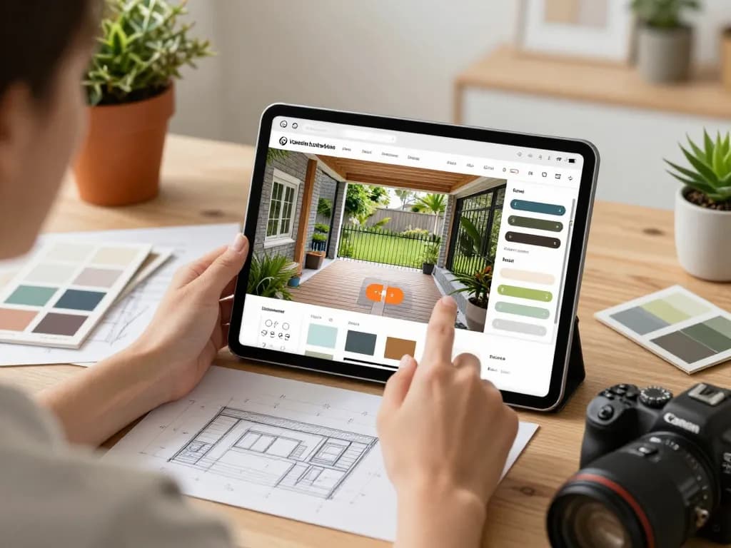 Veranda configurator on tablet showcasing ideal design options in a cozy home workspace.