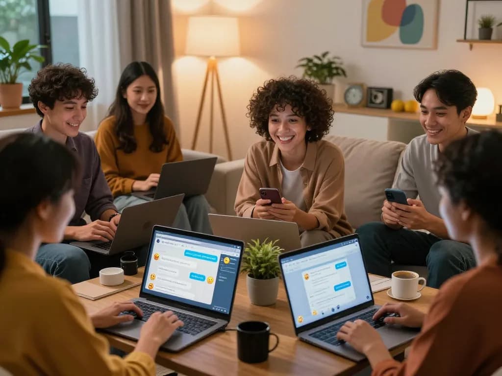 Participants in a lively sexchat online discussion capturing connection and engagement in a cozy living room setting.