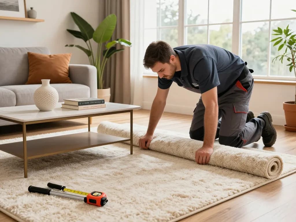 Experienced carpet fitters near me installing plush carpet in a cozy living room setting.