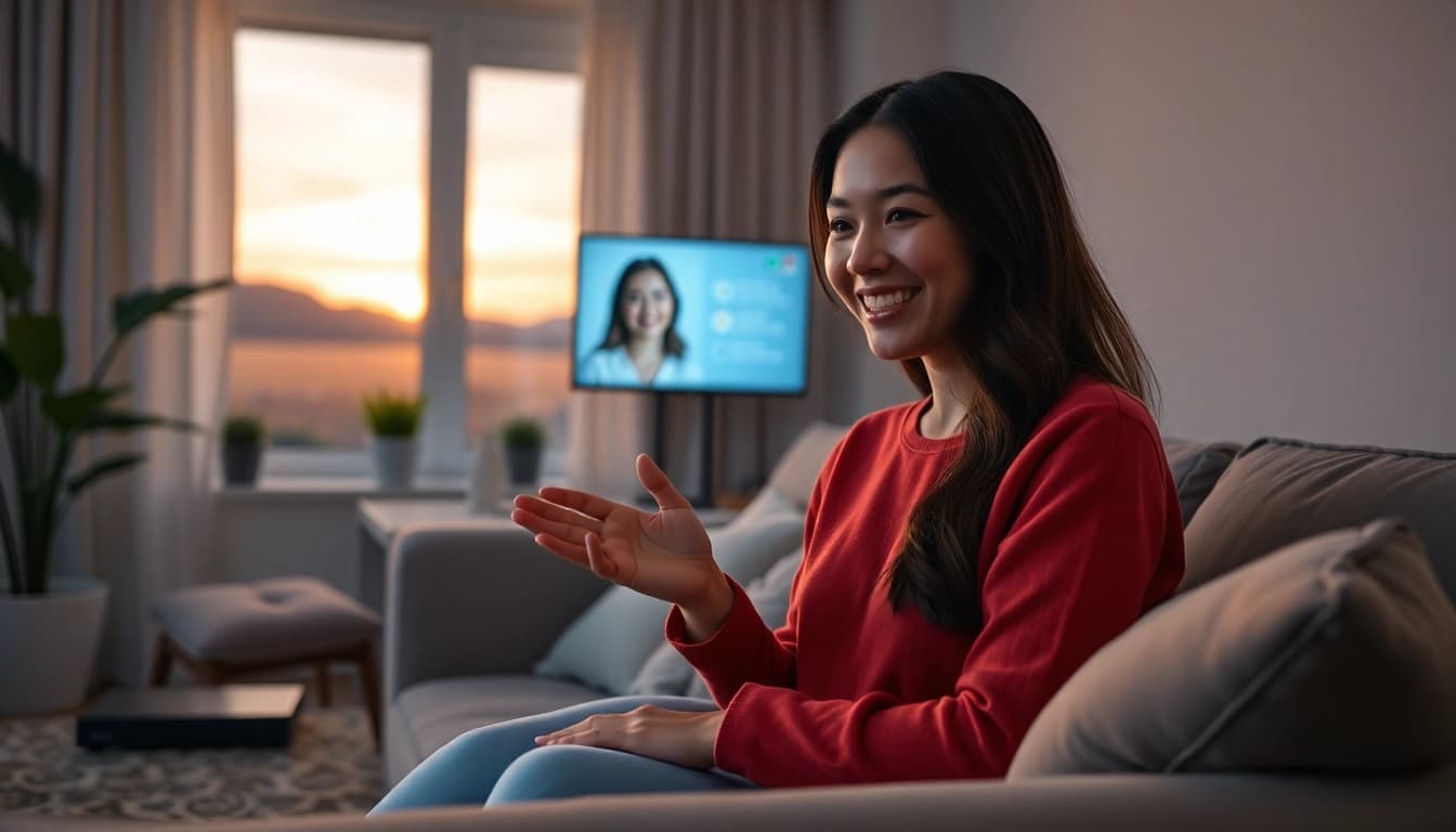 Engaging moment with an AI girlfriend in a digital living room setting.