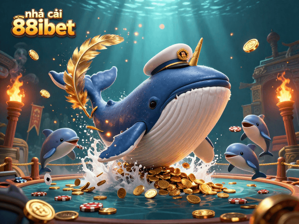 Experience the thrill of nhà cái 88ibet with this vibrant 3D illustration showcasing playful dolphins and a whale among gold coins.