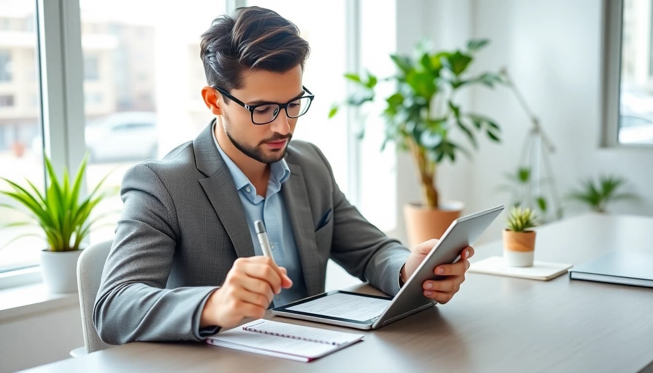 Filling out the eta uk application form on a tablet in a bright office setting.