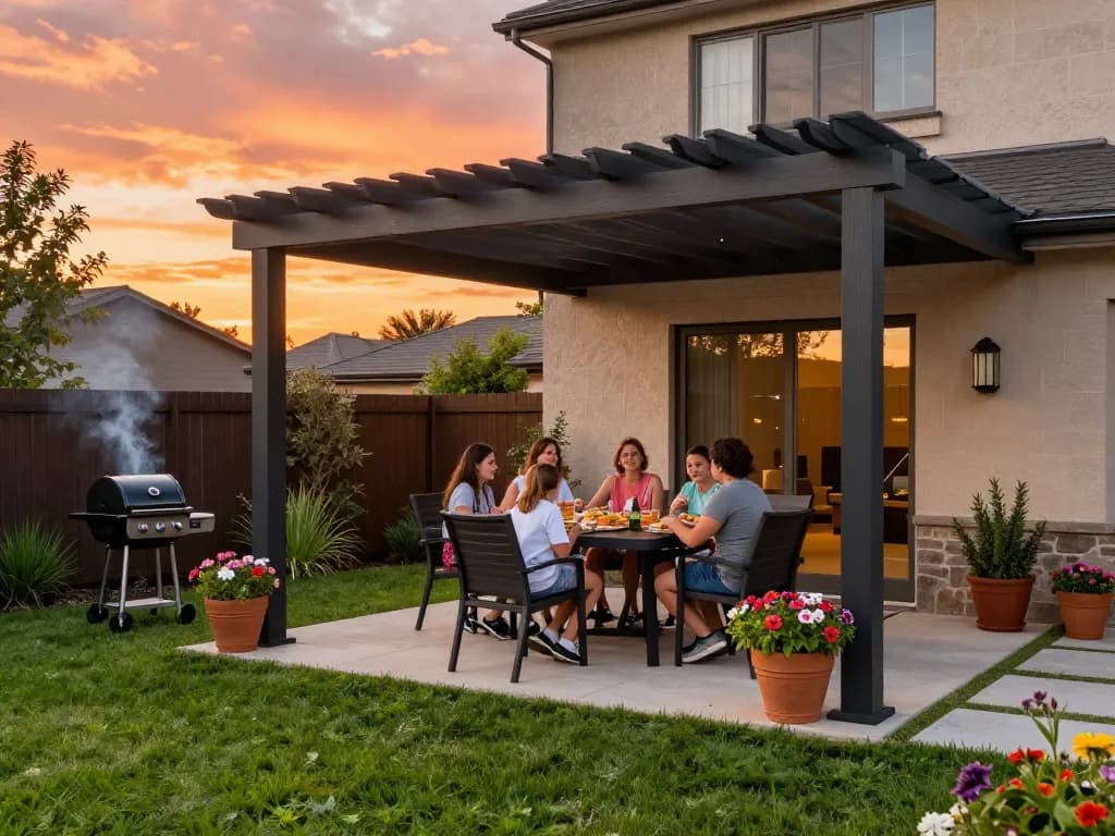 Stylish 3D pergola in a cozy backyard setting with family dining.