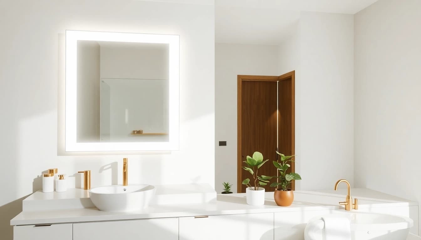 Bright and inviting led mirror bathroom featuring an elegant, illuminated design with minimalist accents.