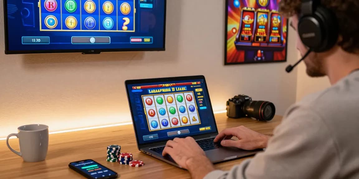 Player engaging with rokok88 slot login on a laptop in a cozy home setting filled with gaming elements.