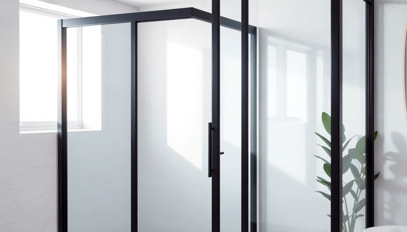 Explore elegant black frame shower doors reflecting natural light in a modern bathroom.