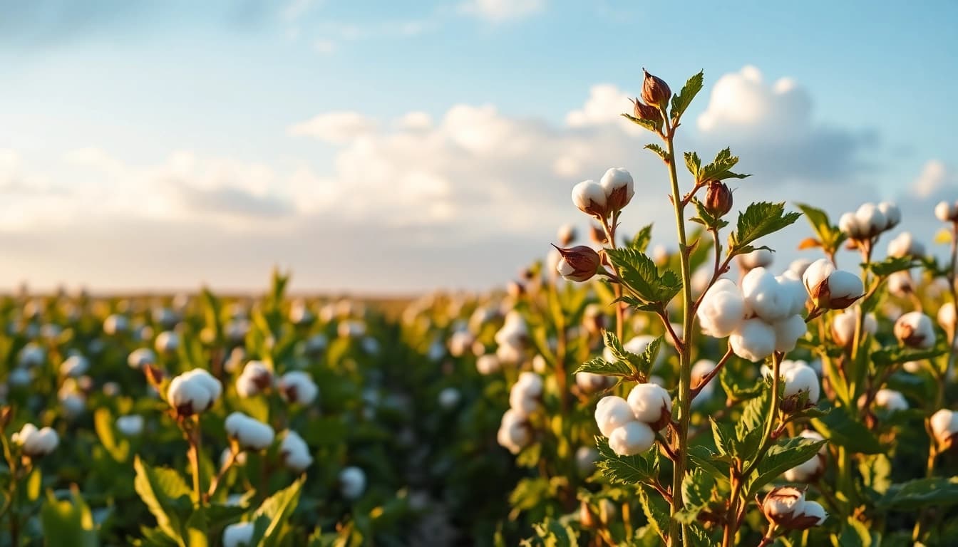 Beeld van katoenplanten in een zonovergoten veld, met het accent op de zachte, witte bollen katoen.