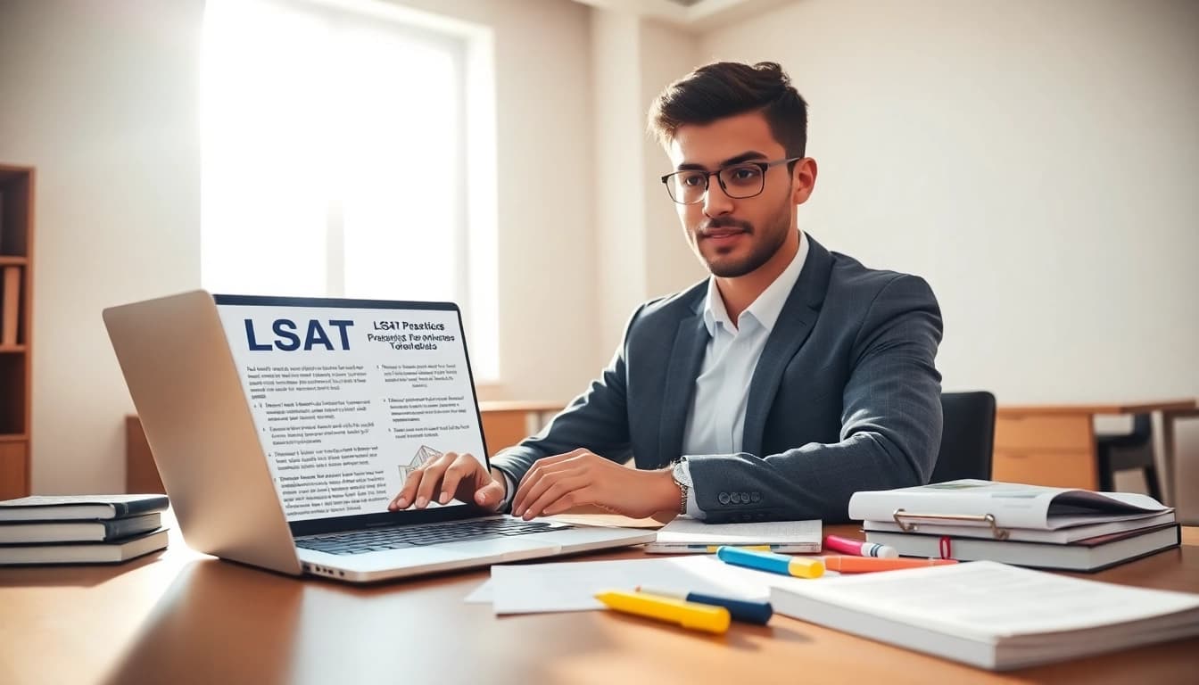 Hire someone to take lsat for you while studying at a modern desk with LSAT materials.