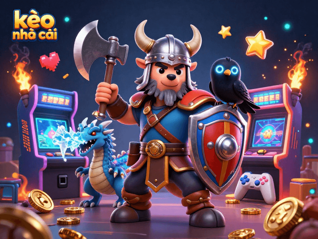 Engage with kèo nhà cái as a Viking wolf warrior and dragon explore a vibrant casino world.