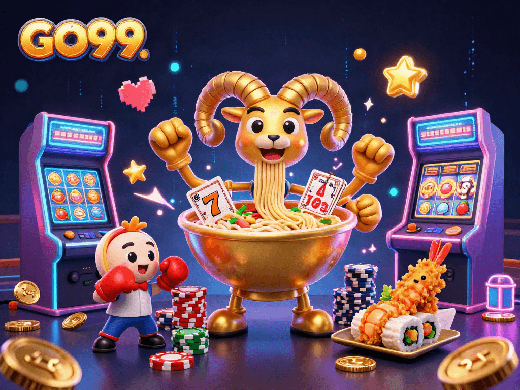Engaging scene of GO99. featuring a giant ramen bowl dealer with exciting casino elements.