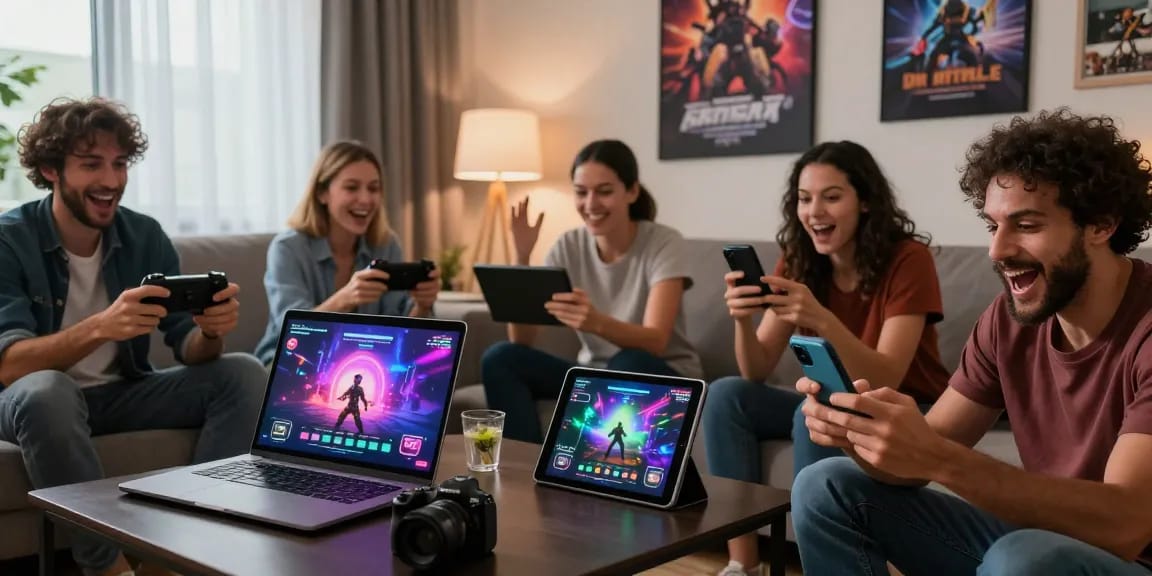 Adults enjoying immersive porn games html on laptops and mobile devices in a cozy living room.