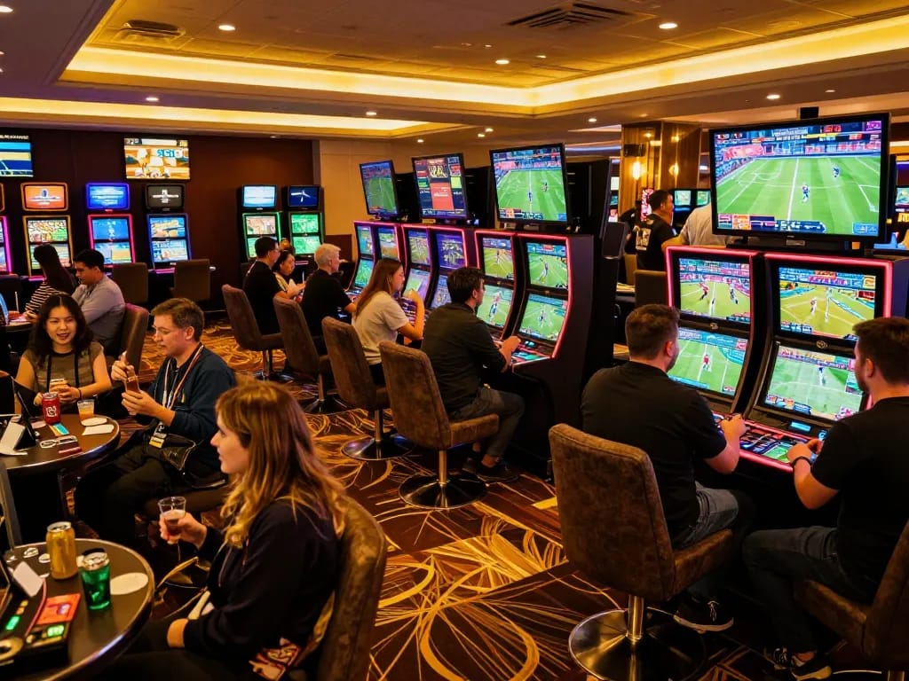 Dynamic sports betting scene showing enthusiastic gamblers engaging with TR88 platform, cheering over live match screens for an exhilarating experience