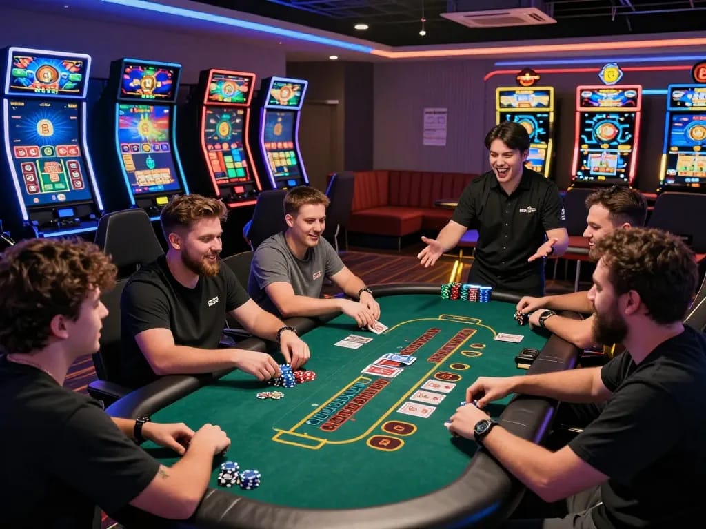 Players enjoying a dynamic online gaming experience at EE88, with live dealer games and vibrant casino ambiance.