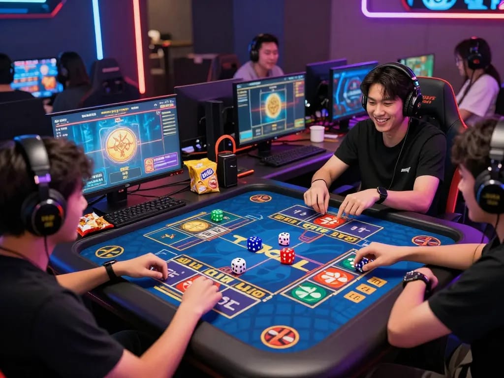 Excited players engaging in Tài Xỉu online game with vibrant graphics and modern gaming setup.