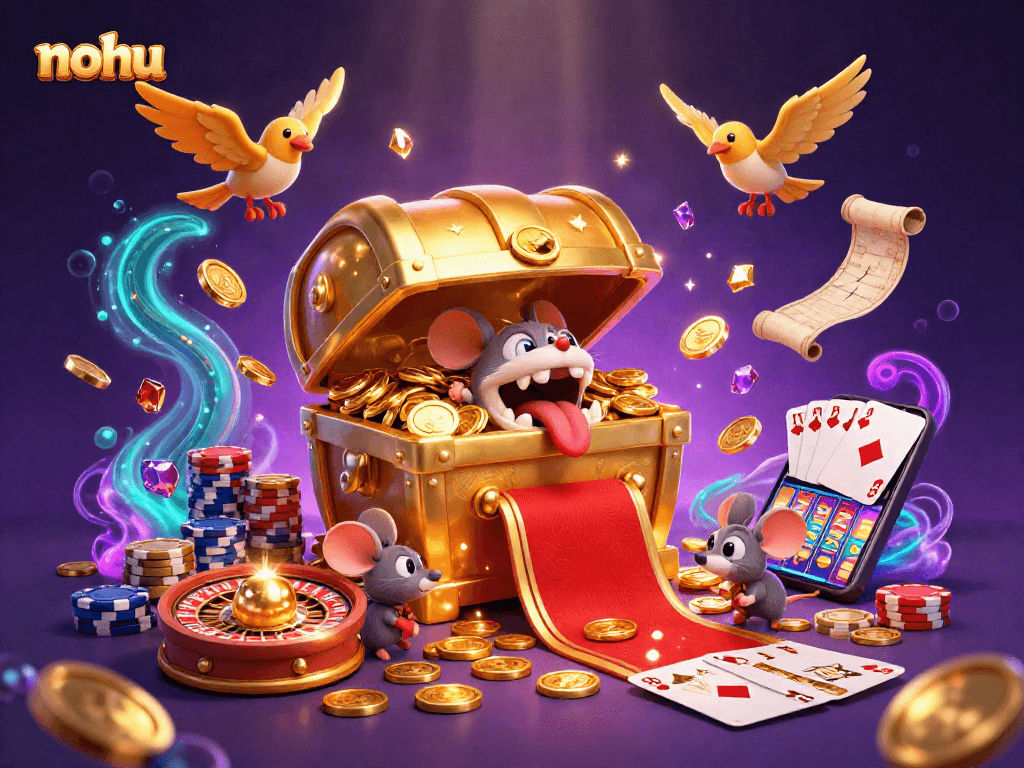 Nohu entices with golden coins, treasure, and vibrant casino elements in a dazzling gaming scene.