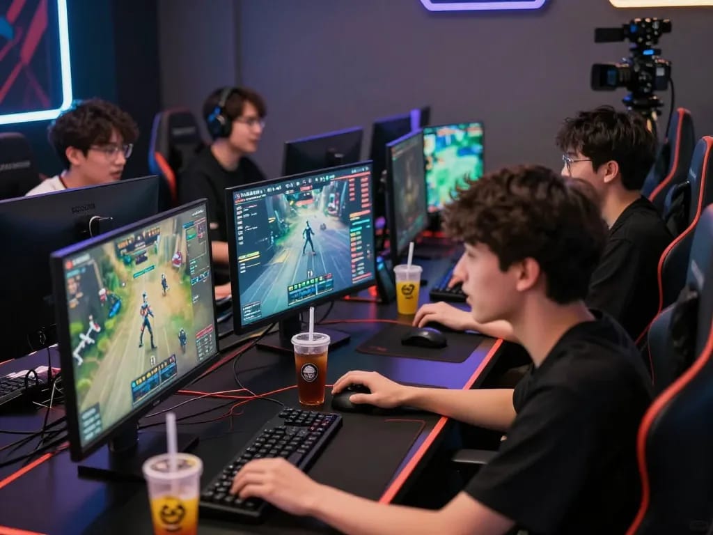 Young gamblers engaged in esports betting at home, showcasing nhà cái mm88 platform with energetic atmosphere.