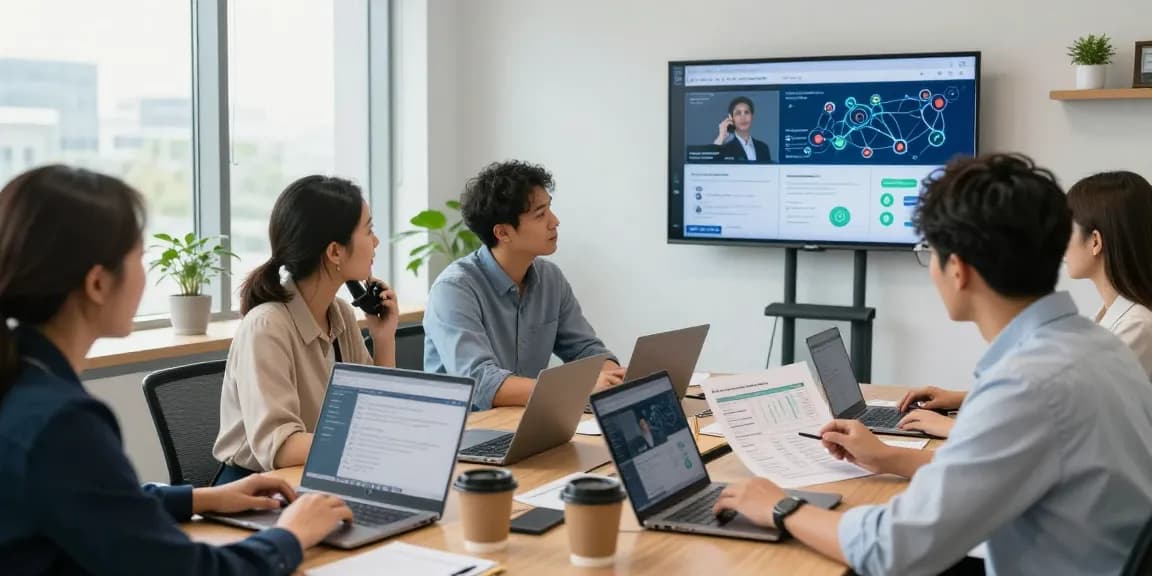 Business phone systems in action during a team strategy meeting, showcasing collaboration tools and analytics.