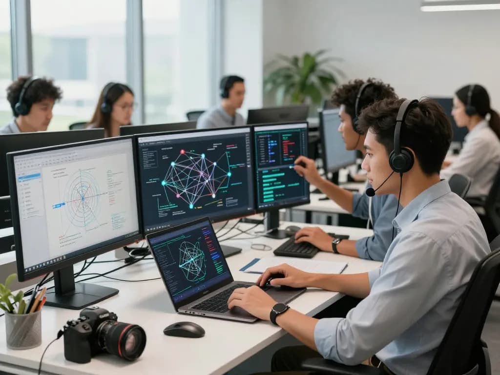 快连 network acceleration tools being analyzed by IT professionals in an innovative tech workspace.