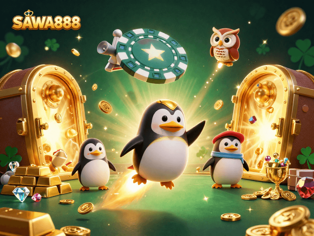 Experience SAWA888's vibrant gaming universe with a golden penguin launching towards a casino space station.