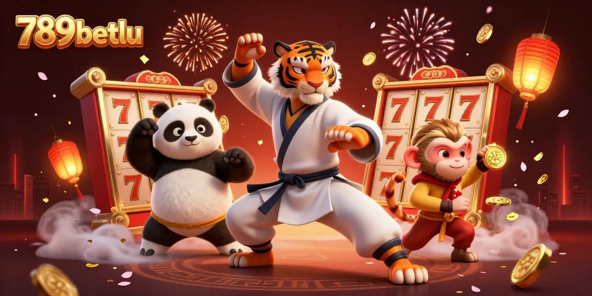 Play and win big with 789betlu in this vibrant casino scene featuring an animated kung fu tiger master and fun gaming elements.