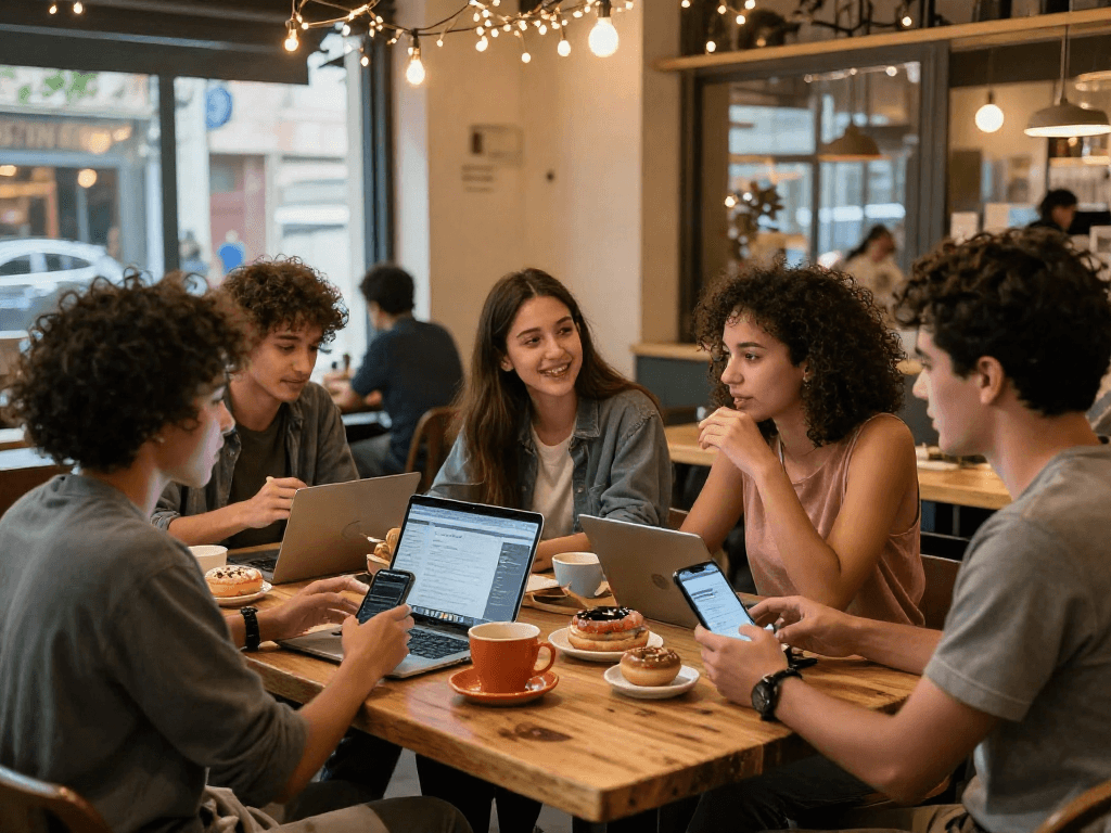 Group discussing spicychat features in a vibrant café setting.