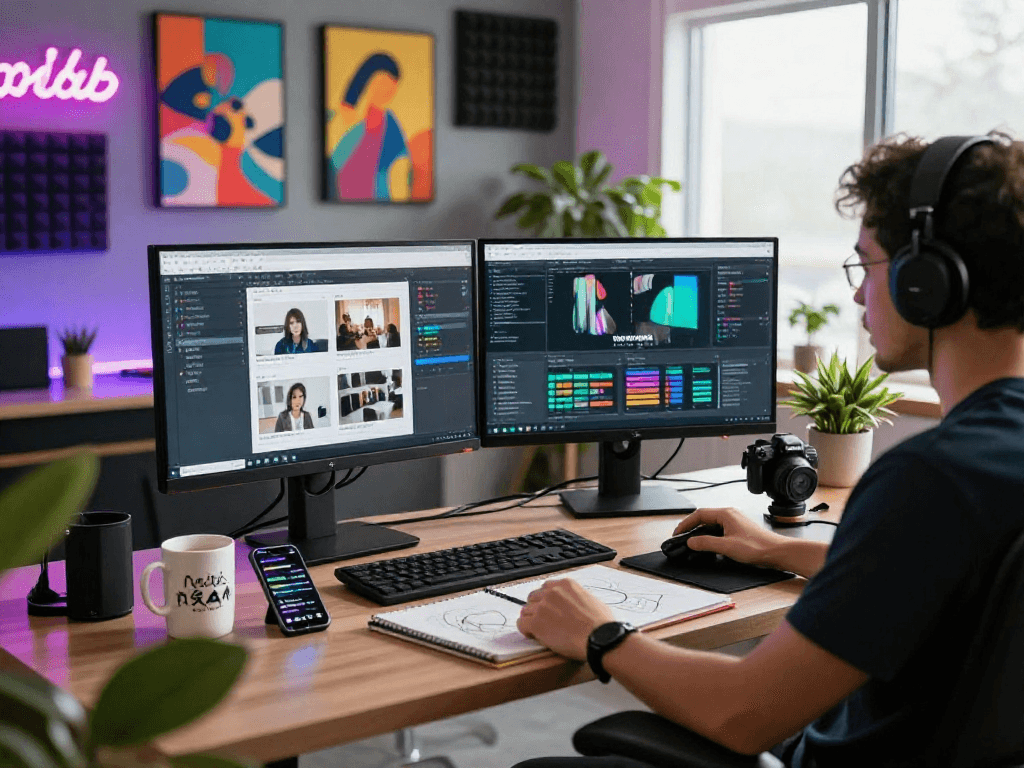 Dynamic nsfw content creation workspace featuring dual monitors and vibrant decor.