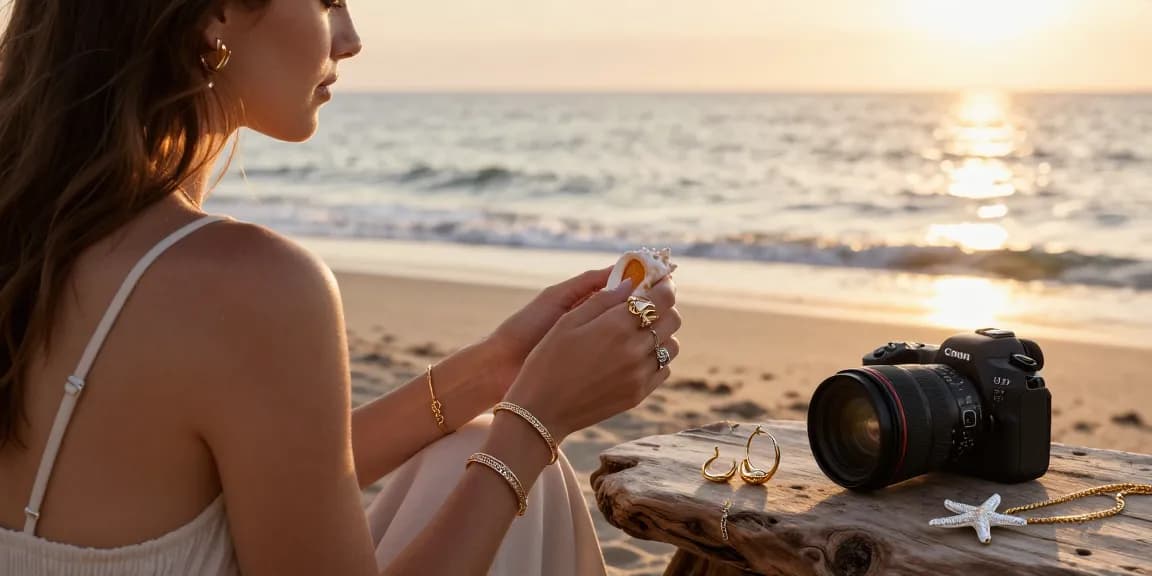 Explore bespoke jewellery London on a serene beach at sunset, showcasing intricate gold and silver pieces reflecting the warm glow.