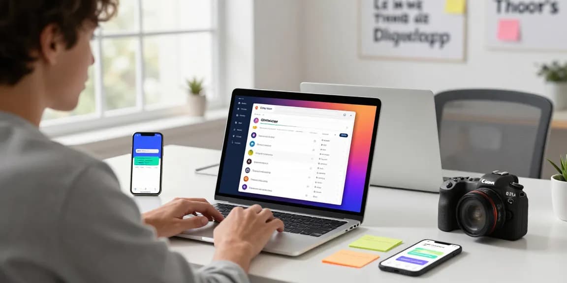 Tech user exploring the GB WhatsApp app features in a modern workspace.