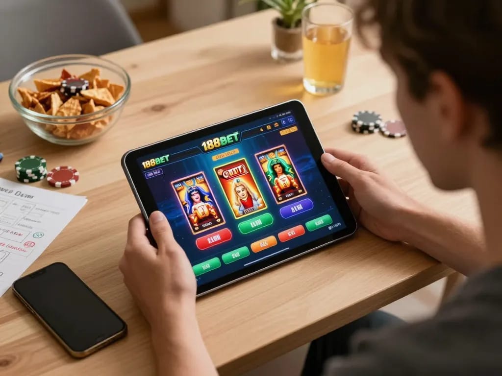 Engaging tablet gameplay for link 188bet moi nhat, showcasing online casino interface and strategic gaming setup