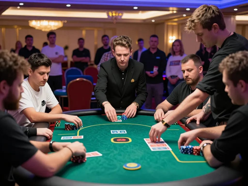 Players engage in intense poker gameplay at 7m venue with vibrant atmosphere