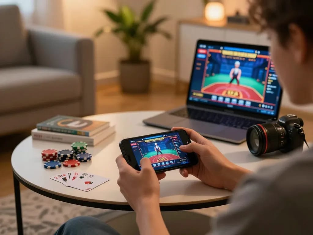 Engaged player enjoying 789club mobile casino game on smartphone, money chips and live dealer interface around.