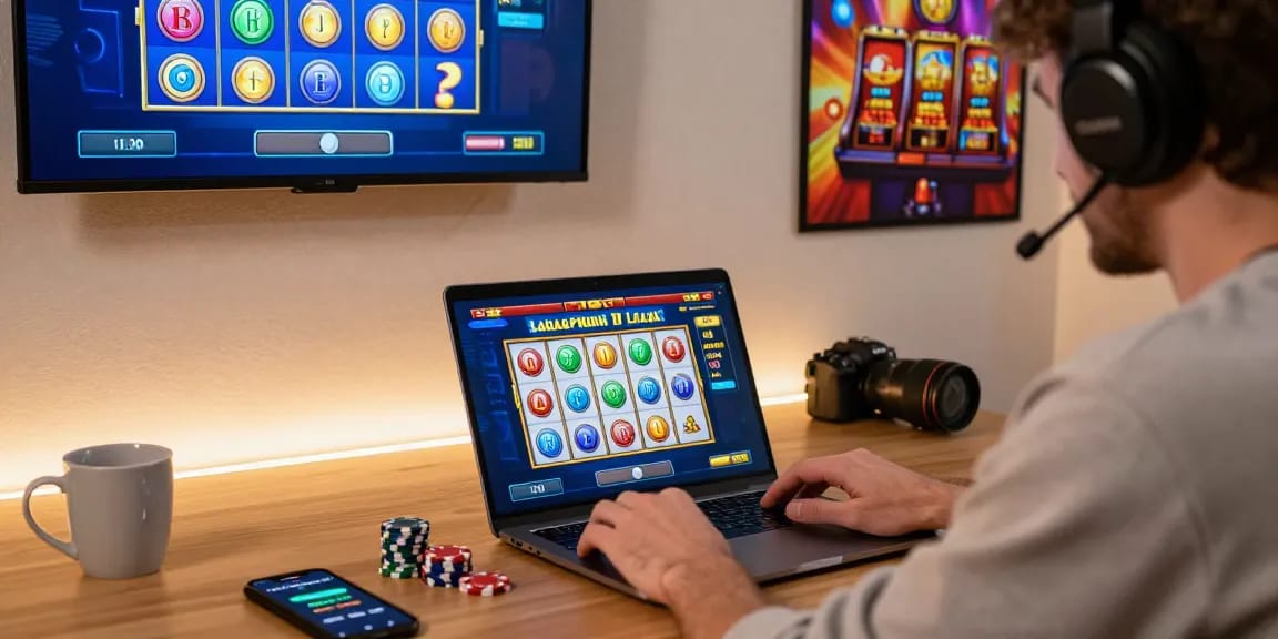 Player engaging with rokok88 slot login on a laptop in a cozy home setting filled with gaming elements.