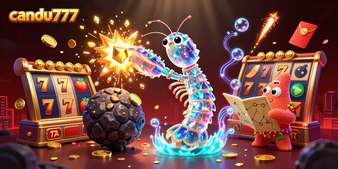 Experience victorious gaming at candu777 with a vibrant visual of a mantis shrimp bursting through an asteroid.