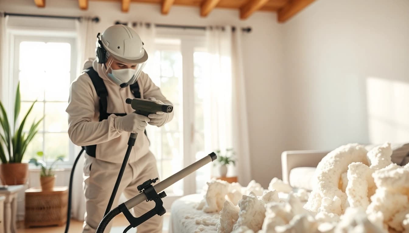 Technician executing spray foam removal Kent process in a home environment.
