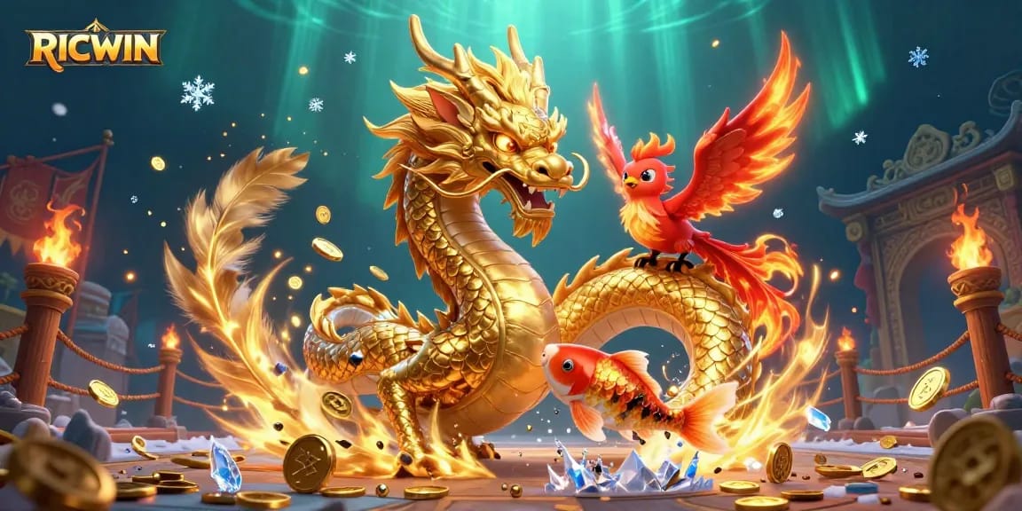 Experience RICWIN's thrilling casino action with a golden dragon, phoenix, and koi fish in a vibrant scene.