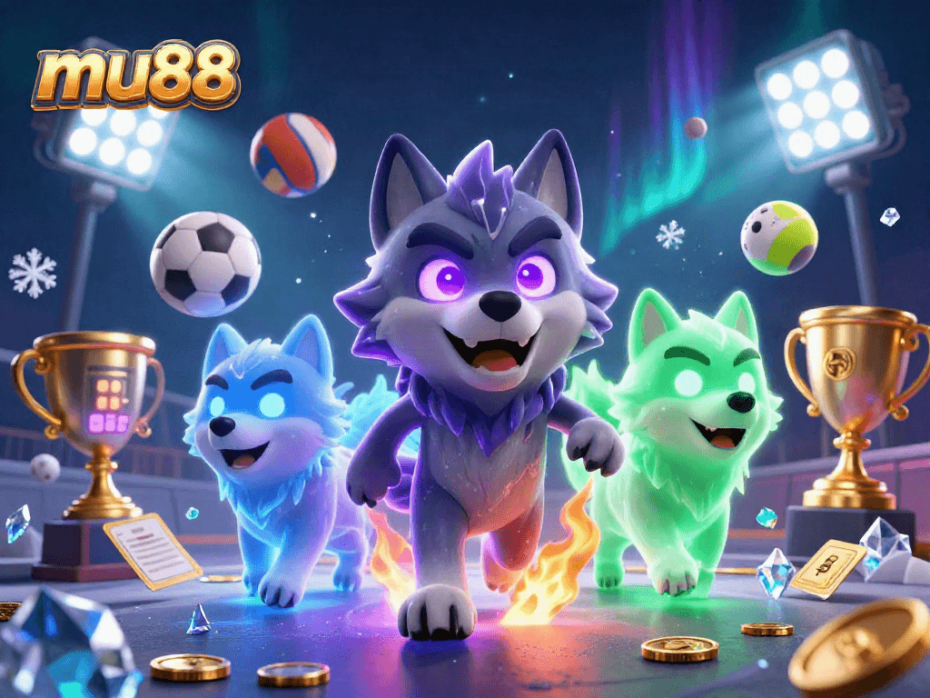 mu88 captures excitement with ghostly wolves and dynamic sports elements in this thrilling illustration.