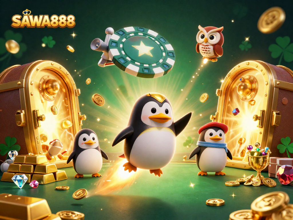 Experience SAWA888's vibrant gaming universe with a golden penguin launching towards a casino space station.