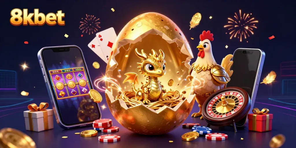 Experience thrilling gameplay with 8xbet's golden dragon and casino elements in this captivating illustration.