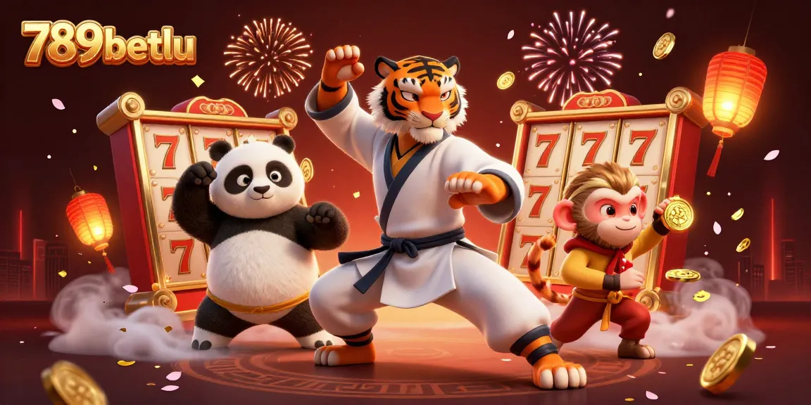 Play and win big with 789betlu in this vibrant casino scene featuring an animated kung fu tiger master and fun gaming elements.