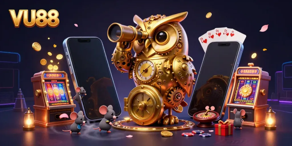 Experience the excitement of VU88 casino with a golden owl and vibrant game elements in a lively scene.