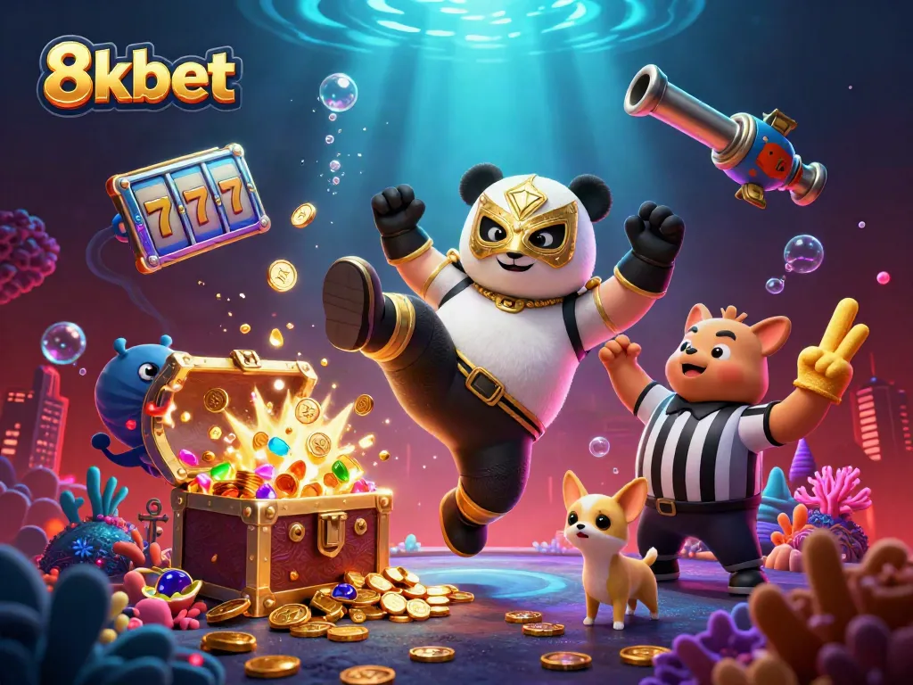 Experience thrilling action with 8xbet featuring a panda wrestler and vibrant casino elements.