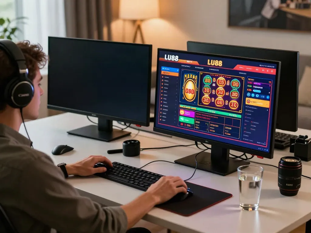 Exciting online gambling scene at https://lu88.vote/ showcasing a player engaged in gaming with modern setup.
