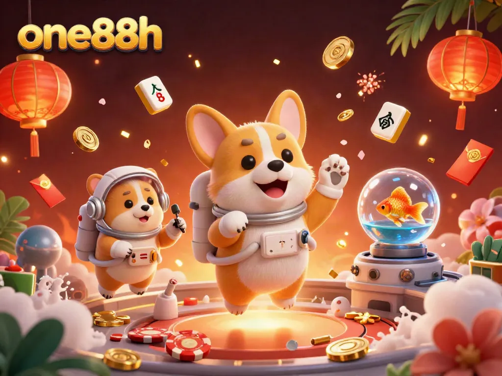 Experience the dynamic atmosphere of one88h casino with playful characters in a vibrant 3D illustration.