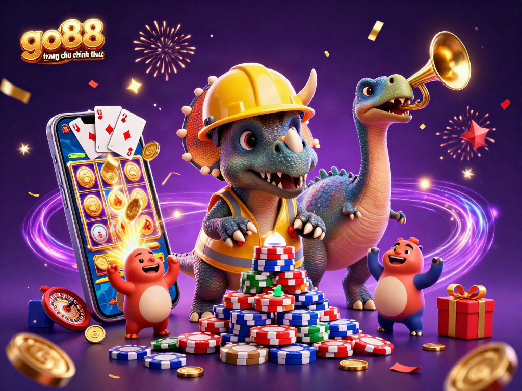 Experience vibrant excitement with go88 trang chu chinh thuc showcasing dynamic casino elements and cheerful characters.