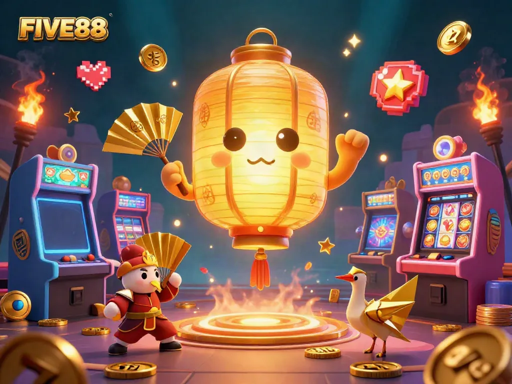 Experience the excitement of FIVE88 with glowing casino elements and golden characters in this dynamic illustration.