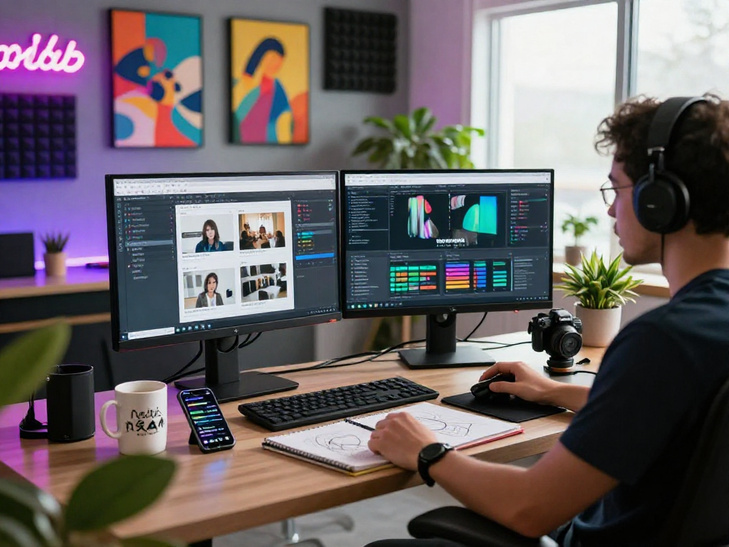 Dynamic nsfw content creation workspace featuring dual monitors and vibrant decor.