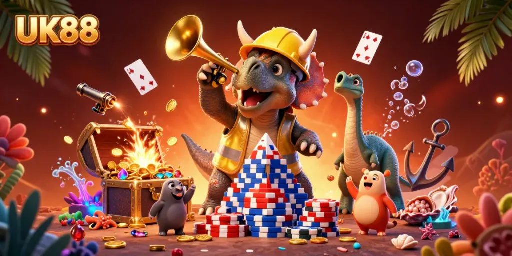 UK88 engages players with an exciting casino scene featuring poker chips and playful characters.